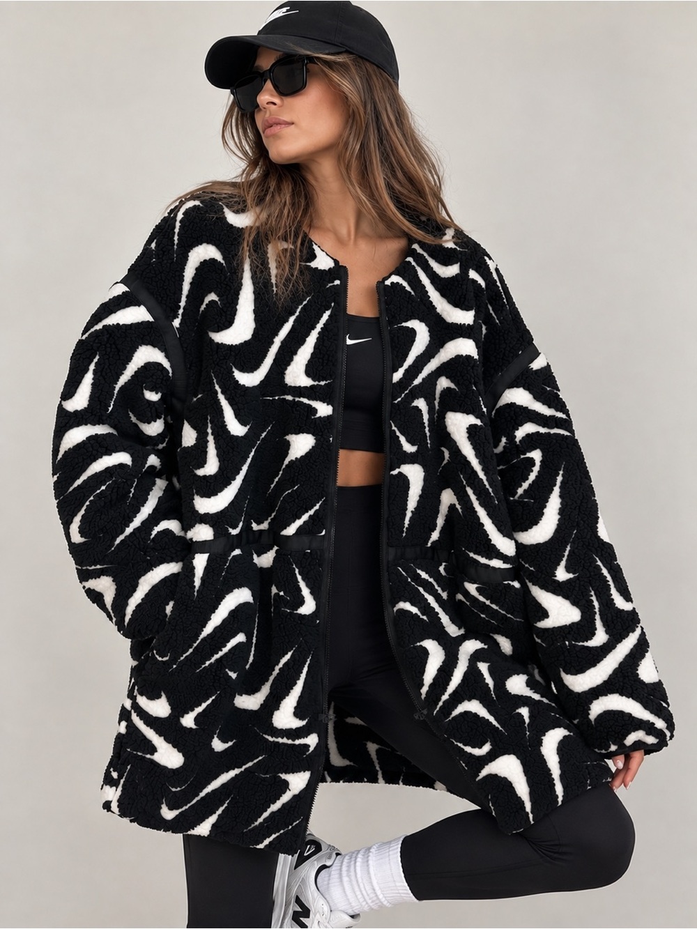 NIKE Women’s Loose High-Pile Black White Swoosh Jacket